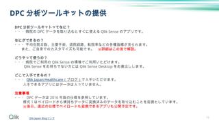 16
DPC 分析ツールキットの提供
Qlik Japan Blogリンク
DPC 分析ツールキットってなに？
・・・病院の DPC データを取り込むとすぐに使える Qlik Sense のアプリです。
なにができるの？
・・・平均在院日数、主要手術、退院経路、転院率などの各種指標が見られます。
また、ご自身でのカスタマイズも可能です。 ※詳細はこの後で解説。
どうやって使うの？
・・・病院でご利用の Qlik Sense の環境でご利用いただけます。
Qlik Sense をお持ちでない方には Qlik Sense Desktop をお貸出しします。
どこで入手できるの？
・・・ Qlik Japan Healthcare（ブログ）で入手いただけます。
入手できるアプリにはデータは入っていません。
注意事項
・・・ DPC データは 2016 年版の仕様を参照しています。
様式 1 はペイロードから横持ちデータに変換済みのデータを取り込むことを前提としています。
※後日、直近の仕様でペイロードも変換できるアプリも公開予定です。
 