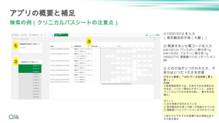 18
アプリの概要と補足
検索の例（クリニカルパスシートの注意点）
①
②
③
①150019210 を入力
（骨折観血的手術（大腿））
② 関連するレセ電コードを入力
646130124 パンスポリン静注用 1g
646130302 フルマリン静注用 1g
180032710 運動器リハビリテーション
料Ⅰ
③ どの行為がいつ行われたか、手
術日はいつだったかを把握
テキスト参考（『 DPC データ活用術（第 3
版）』）
P298
大腿骨頸部骨折では、手術日や抗生物質の投
与状況、リハビリ開始日がポイント。自院の
クリニカルパスの内容を比較し、遵守率を指
標化。
ポイント：
① 抗生物質が投与されている
② 骨折観血的手術（大腿）が実施されている
③ 運動器リハビリテーションが行われている
入院日からそれぞれの医療行為の実施日まで
の日数を算出
 