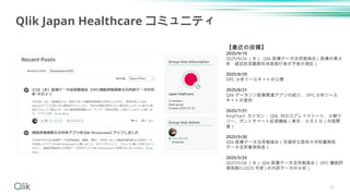 35
Qlik Japan Healthcare コミュニティ
【最近の投稿】
2025/9/19
2025/9/24 （水） Qlik 医療データ活用勉強会（医療の質分
析 経皮的冠動脈形成術施行後の予後の測定）
2025/8/29
DPC 分析ツールキットの公開
2025/8/21
Qlik データソン医療関連アプリの紹介、 DPC 分析ツール
キットの提供
2025/7/31
AnyChart カイゼン： Qlik 向けスプレッドシート、分解ツ
リー、ガントチャート拡張機能（東京・ 8 月 6 日｜対面開
催）
2025/5/30
Qlik 医療データ活用勉強会（京都府立医科大学附属病院
データ活用事例発表）
2025/5/25
2025/5/28 （水） Qlik 医療データ活用勉強会（ DPC 機能評
価係数Ⅱ (2025 年度 ) の内訳データの分析）
 