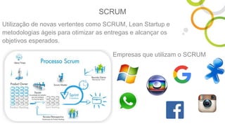 SCRUM
Utilização de novas vertentes como SCRUM, Lean Startup e
metodologias ágeis para otimizar as entregas e alcançar os
objetivos esperados.
Empresas que utilizam o SCRUM
 
