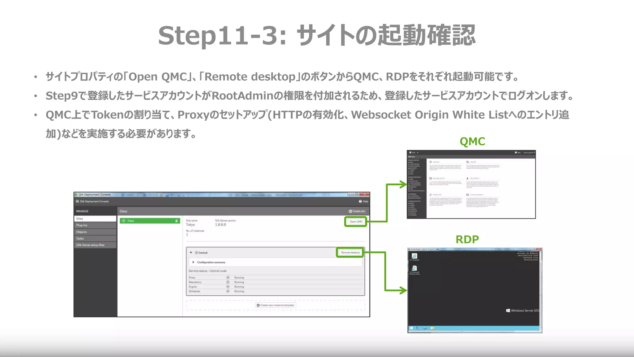 Step11-3: サイトの起動確認
• サイトプロパティの「Open QMC」、「Remote desktop」のボタンからQMC、RDPをそれぞれ起動可能です。
• Step9で登録したサービスアカウントがRootAdminの権限を付加されるため、登録したサービスアカウントでログオンします。
• QMC上でTokenの割り当て、Proxyのセットアップ(HTTPの有効化、Websocket Origin White Listへのエントリ追
加)などを実施する必要があります。
QMC
RDP
 