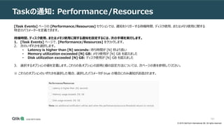 © 2019 QlikTech International AB. All rights reserved.
101
Taskの通知: Performance/Resources
[Task Events] ページの [Performance/...