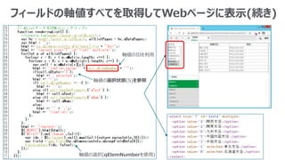 フィールドの軸値すべてを取得してWebページに表示(続き)
軸値の選択(qElemNumberを使用)
軸値のIDを利用
軸値の選択状態(S)を参照
 
