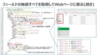 フィールドの軸値すべてを取得してWebページに表示(続き)
軸値の選択(qElemNumberを使用)
軸値のIDを利用
軸値の選択状態(S)を参照
 