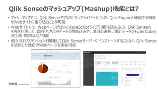 Qlik Senseのマッシュアップ(Mashup)機能とは?
• マッシュアップでは、Qlik Senseアプリのビジュアライゼーションや、Qlik Engineと通信する機能
をWebサイトに組み込むことが可能
• Webサイトでは、WebページがQlikのJavaScriptライブラリ群を読み込み、Qlik Senseの
APIを利用して、既存アプリのチャートの埋め込みや、項目の選択、集計データ(HyperCube)
の生成・取得などが可能
• 個々のエクステンションを開発してQlik Senseサーバーにインストールすることなく、Qlik Sense
を活用した独自のWebページを実装可能
 
