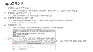 appコマンド
1. アプリファイルをダウンロード
 ./qlik app export d15d0b80-6ac0-4365-95d1-c40fa4b86323 --output-file backup.qvf
2. アプリファイルをアップロード
 ./qlik app import --file ./backup.qvf --name new.qvf
3. アプリを管理スペースに公開
 ./qlik app publish create 7cf09373-932c-4e0e-b554-f3c993fd804e --spaceId
61b8a7827db4134ee7e35303
4. アプリをリロード
 ./qlik app reload --app 7cf09373-932c-4e0e-b554-f3c993fd804e
1. Qlikエンジンに、アプリで数式を評価させて結果を得る
 ./qlik app eval "Count(address)" by "name" "email" --app 7cf09373-932c-4e0e-b554-
f3c993fd804e
 