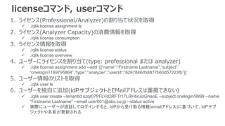 licenseコマンド, userコマンド
1. ライセンス(Professional/Analyzer)の割り当て状況を取得
 ./qlik license assignment ls
2. ライセンス(Analyzer Capacity)の消費情報を取得
 ./qlik license consumption
3. ライセンス情報を取得
 ./qlik license status
 ./qlik license overview
4. ユーザーにライセンスを割り当て(type: professional または analyzer)
 ./qlik license assignment add --add ‘[{“name”:“Firstname Lastname”,“subject”:
“onelogin169795864”,“type”:“analyzer”,“userId”:“6267846d58877b60d57223fb”}]’
5. ユーザー情報のリストを取得
 ./qlik user ls
6. ユーザーを独自に追加(IdPサブジェクトとEMailアドレスは重複できない)
 ./qlik user create --tenantId szqr07frFLVd2RFTr17LRHbruizGnaoE --subject onelogin/9999 --name
“Firstname Lastname” --email user001@abc.co.jp --status active
 実際にユーザーが認証してログインすると、IdPから受け取る情報(emailアドレス)に基づいて、IdPサブ
ジェクトや名前が更新される
 