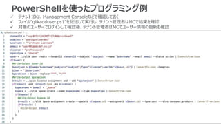 PowerShellを使ったプログラミング例
 テナントIDは、Management Consoleなどで確認しておく
 ファイル“qlikadduser.ps1”を記述して実行し、テナント管理者はMCで結果を確認
 対象のユーザーでログインして確認後、テナント管理者はMCでユーザー情報の更新も確認
 
