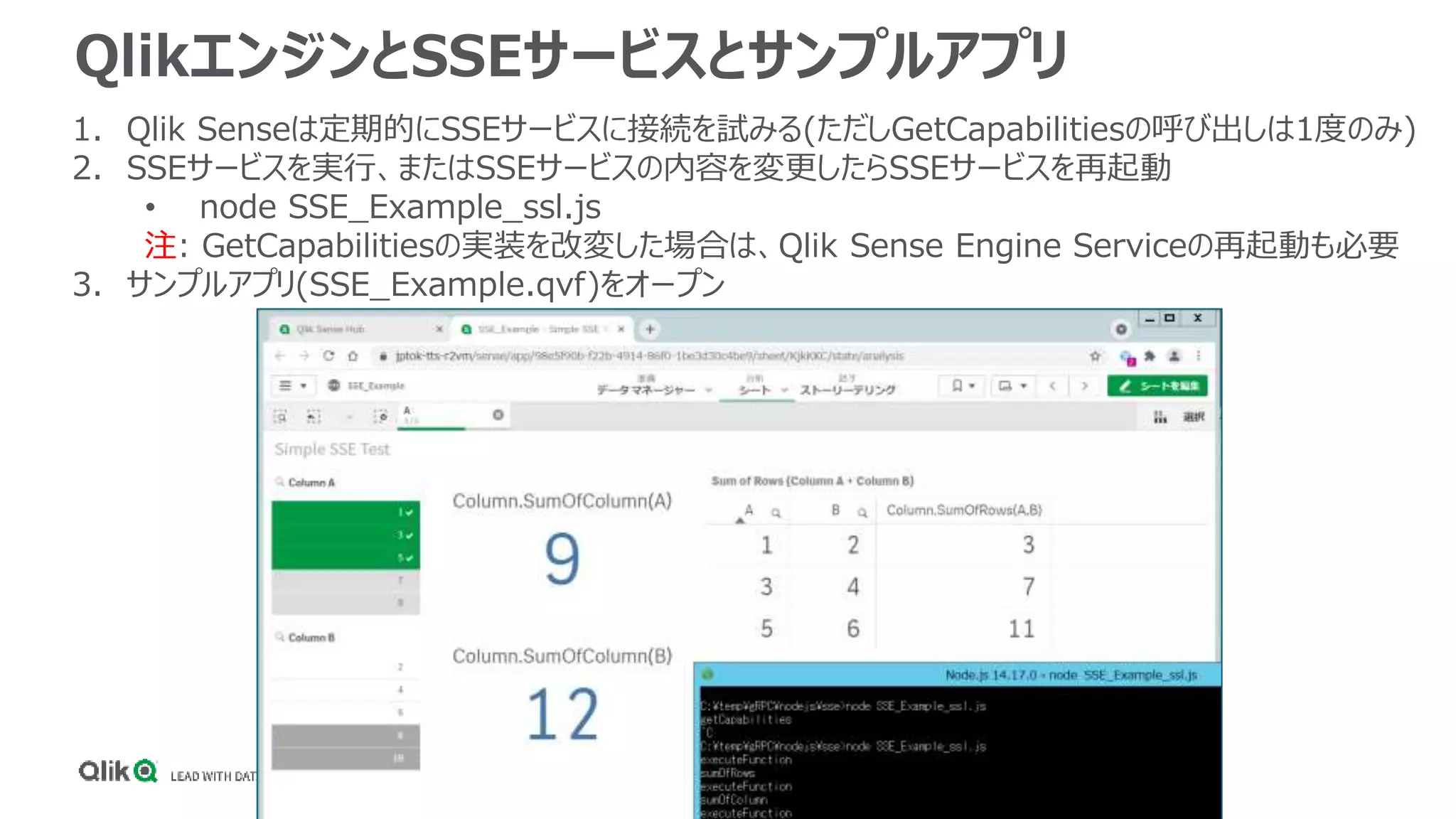 QlikエンジンとSSEサービスとサンプルアプリ
1. Qlik Senseは定期的にSSEサービスに接続を試みる(ただしGetCapabilitiesの呼び出しは1度のみ)
2. SSEサービスを実行、またはSSEサービスの内容を変更したらSSEサービスを再起動
• node SSE_Example_ssl.js
注: GetCapabilitiesの実装を改変した場合は、Qlik Sense Engine Serviceの再起動も必要
3. サンプルアプリ(SSE_Example.qvf)をオープン
 