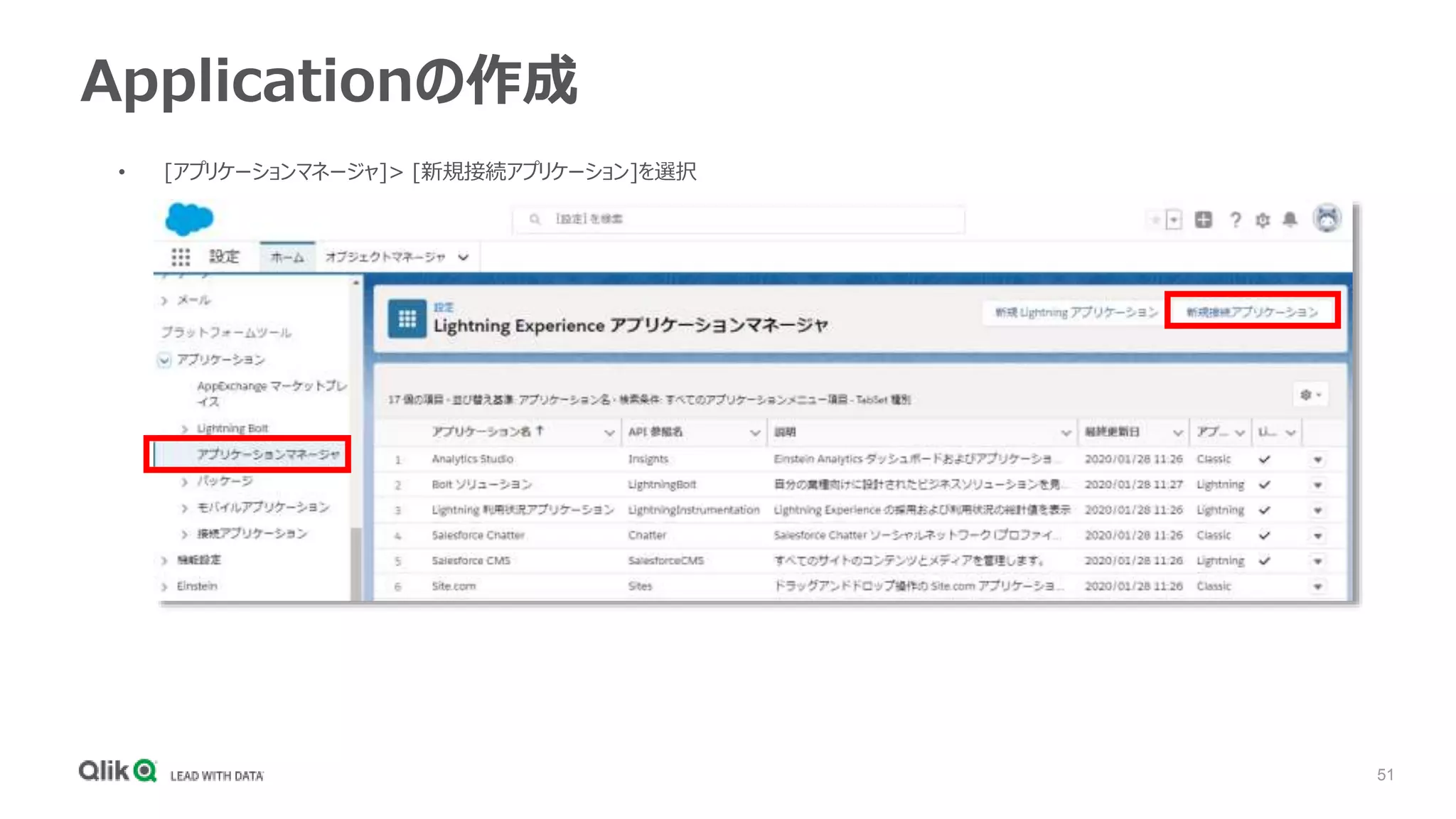 51
Applicationの作成
• [アプリケーションマネージャ]> [新規接続アプリケーション]を選択
 
