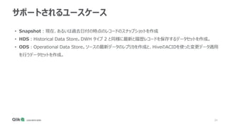 34
サポートされるユースケース
• Snapshot：現在、あるいは過去日付の時点のレコードのスナップショットを作成
• HDS：Historical Data Store。DWH タイプ 2 と同様に最新と履歴レコードを保存するデータセットを作成。
• ODS：Operational Data Store。ソースの最新データのレプリカを作成と、HiveのACIDを使った変更データ適用
を行うデータセットを作成。
 