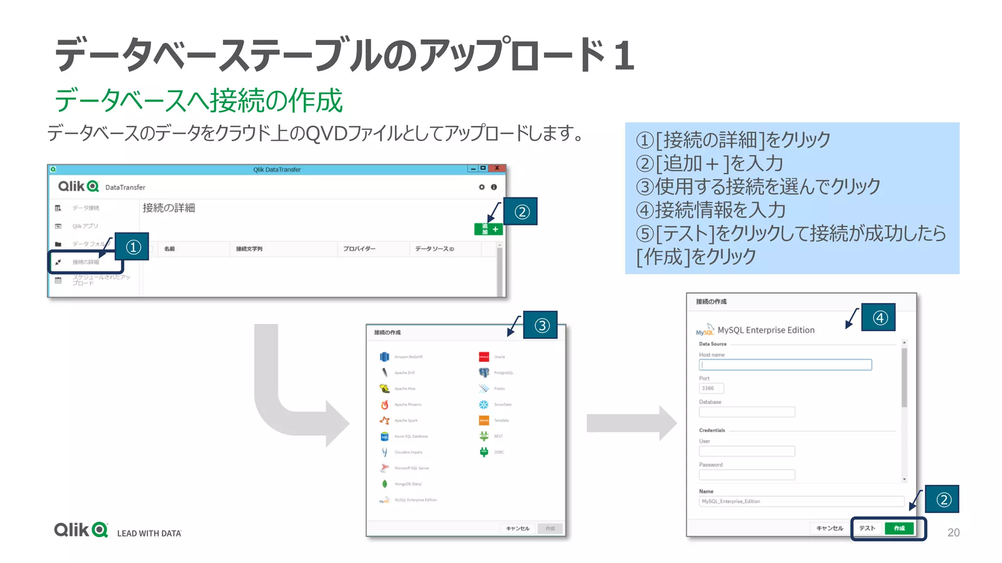 20
データベーステーブルのアップロード１
データベースへ接続の作成
①[接続の詳細]をクリック
②[追加＋]を入力
③使用する接続を選んでクリック
④接続情報を入力
⑤[テスト]をクリックして接続が成功したら
[作成]をクリック
②
③ ④
②
①
データベースのデータをクラウド上のQVDファイルとしてアップロードします。
 