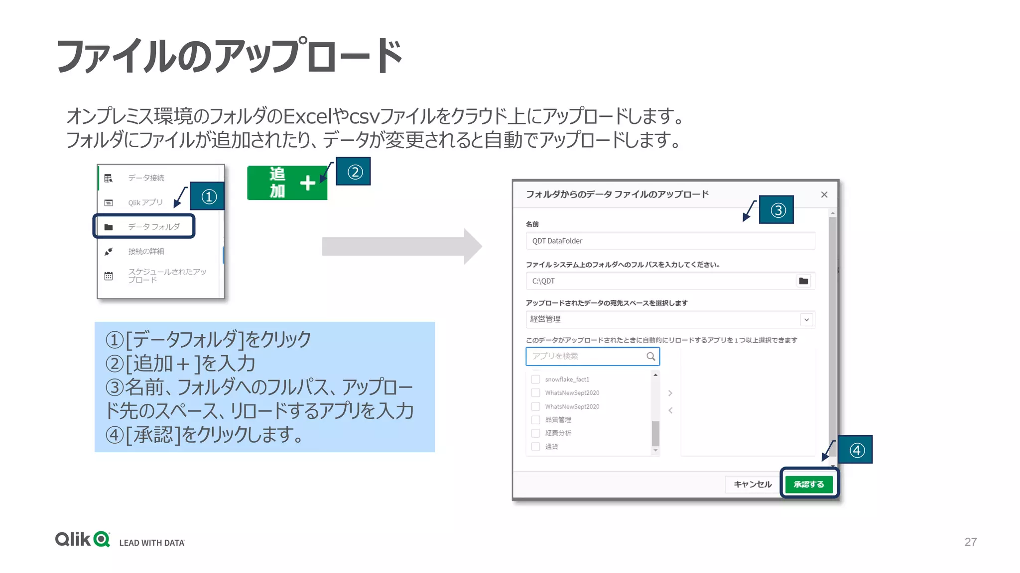 27
ファイルのアップロード
①[データフォルダ]をクリック
②[追加＋]を入力
③名前、フォルダへのフルパス、アップロー
ド先のスペース、リロードするアプリを入力
④[承認]をクリックします。
①
②
オンプレミス環境のフォルダのExcelやcsvファイルをクラウド上にアップロードします。
フォルダにファイルが追加されたり、データが変更されると自動でアップロードします。
③
④
 