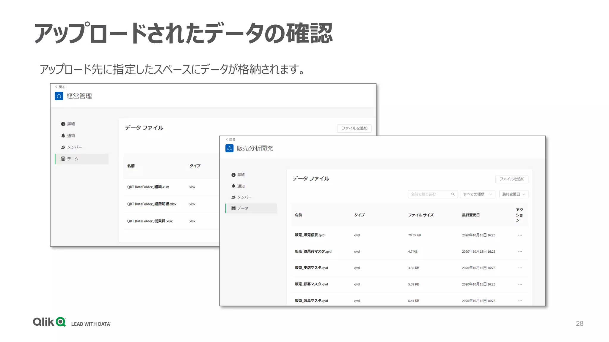 28
アップロードされたデータの確認
アップロード先に指定したスペースにデータが格納されます。
 