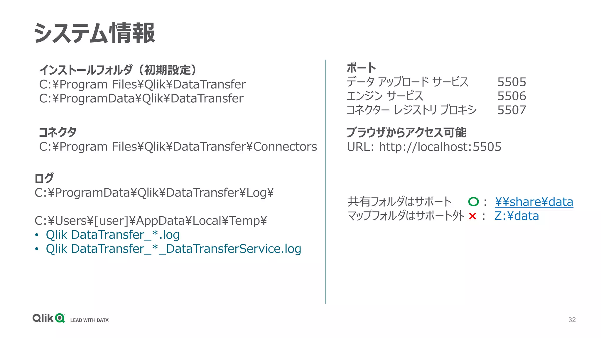 32
共有フォルダはサポート 〇： sharedata
マップフォルダはサポート外 × : Z:data
インストールフォルダ（初期設定）
C:Program FilesQlikDataTransfer
C:ProgramDataQlikDataTransfer
ログ
C:ProgramDataQlikDataTransferLog
C:Users[user]AppDataLocalTemp
• Qlik DataTransfer_*.log
• Qlik DataTransfer_*_DataTransferService.log
ブラウザからアクセス可能
URL: http://localhost:5505
コネクタ
C:Program FilesQlikDataTransferConnectors
システム情報
ポート
データ アップロード サービス 5505
エンジン サービス 5506
コネクター レジストリ プロキシ 5507
 