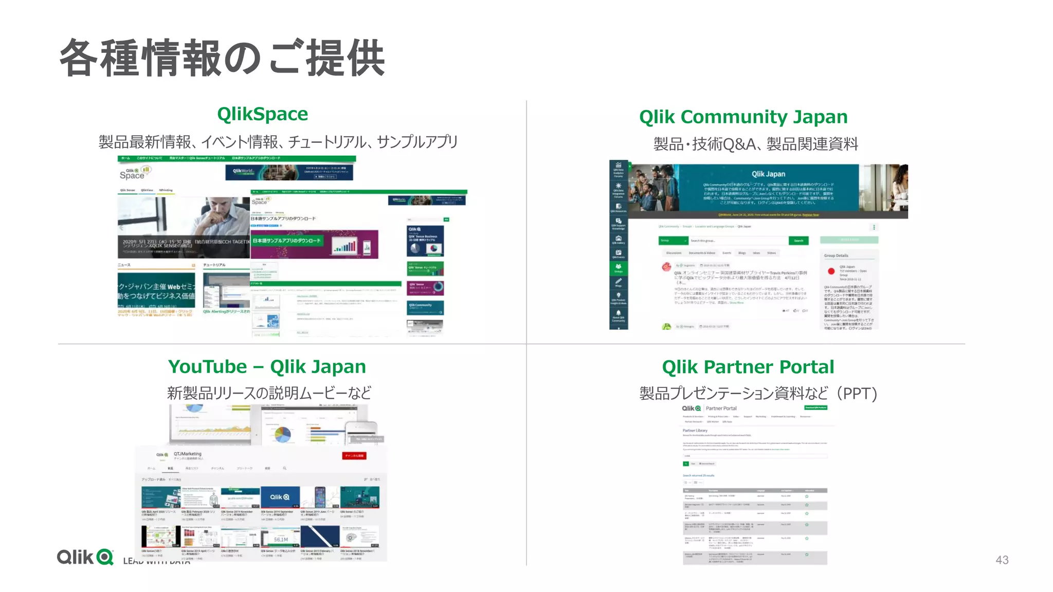 43
各種情報のご提供
QlikSpace Qlik Community Japan
YouTube – Qlik Japan Qlik Partner Portal
製品最新情報、イベント情報、チュートリアル、サンプルアプリ 製品・技術Q&A、製品関連資料
新製品リリースの説明ムービーなど 製品プレゼンテーション資料など（PPT)
 