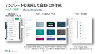 13
テンプレートを使用した自動化の作成
ヘルプ（英語）：Using templates
[新規追加]＞
[新しい自動化]をクリック
名前、最近の使用、お気に入り、カテゴリやコネクタで検索ができます。
テンプレートを使用しない場合は1つ目のBlank Automation を
選びます。
テンプレートを選択してクリック テンプレートを編集
ブロックの追加・削除、
他のブロックへの変更などが行えます。
 