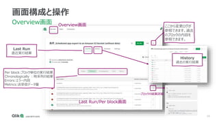 16
画面構成と操作
Overview画面 Overview画面
Last Run
直近実行結果
ブロックの結果詳細
Per block:ブロック単位の実行結果
Chronologically ：時系列の結果
Errors:エラー内容
Metrics:送受信データ量
Last Run/Per block画面
History
過去の実行結果
ここから変更ログが
参照できます。過去
のブロックの内容を
参照できます。
 