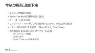 33
今後の機能追加予定
• モニタリング機能の改善
• Zoomやundoなど編集機能の強化
• オートメーションの共有
• ユーザーやパートナーがブロックを開発するためのコネクタSDKの提供
• レポートなどの出力先の追加（SharePoint, OneDrive）
• 新たなQlik Cloudのブロックやイベントの追加
- ハイブリッドデータ配信
- カタログ操作
- SlackやTeamsへの画像配信
 