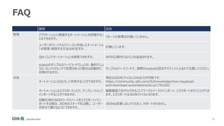 39
FAQ
質問 回答
管理 アプリケーションと関連するオートメーションを把握するこ
とはできますか。
リネージの管理は計画していません。
ユーザーがパーソナルスペースに作成したオートメーショ
ンを管理・削除する方法はありますか。
計画しています。
Qlik CLIでオートメーションを削除できますか。 APIが公開されるとCLIも追加されます。
outputのサンプルはハードコードでしょうか、動的でしょ
うか。もしバックエンドで変更があった場合は自動的に
反映されますか。
サンプルはハードコードで、実際のoutputは設定やテナントによるので注意してください。
共有
オートメーションは出力して共有することができますか。
現在はJSONファイルにのみ出力が可能です。
https://community.qlik.com/t5/Knowledge/How-toupload-
and-download-automations/ta-p/1781602
オートメーションはエクスポートしたり、テンプレートとして
インポートすることができますか。
編集画面で右クリックすることでワークスペースのインポート、エクスポートを行うことができ
ます。エクスポートはJSONファイルとなります。
自動化用のJSONワークスペースをエクスポート/イン
ポートする場合、JSONのスキーマを公開し、ユーザー
が自分で書けるようにできますか。
JSONは変更しないでください。サポートされません。
 