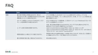 41
FAQ
質問 回答
制限 最大実行時間は1時間とありますが、例えば
Salesforceに新しい従業員が追加されるのを24時
間監視したいといった場合があります。
イベントを待機しているときはオートメーションは実行されていません。イベントは
Salesforceから受信し、キューに取り込まれます。その後、オートメーションが即座に起
動し処理を行います。
リロードに1時間以上かかるアプリがあります。タスク
チェーンは長時間かかる場合があります。
そのような場合はリロードを開始後、2つ目のオートメーションでWebhookでリロードの
完了による起動を行ってください。
ユーザーは実行回数を把握できますか。
今後、実行回数を把握するためのAPIやモニタリングアプリが公開される予定です。
現在は以下のようなAPIで確認することができます。
/api/v1/automations/usage?filter=date eq "2021-11-29"
/api/v1/automations/usage?filter=date gt "2022-01-01" and date lt
"2022-01-01" and name="bandwidthIn"
制限を超過したい場合にすぐに補充できますか。
同時実行数以外は制限を超過しても即座に停止とはならず、状況に応じて営業から
のご連絡によりアップグレードをご検討いただくことになります。
最大同時実行数に達した場合はどうなりますか。 待ち状態となります。
 