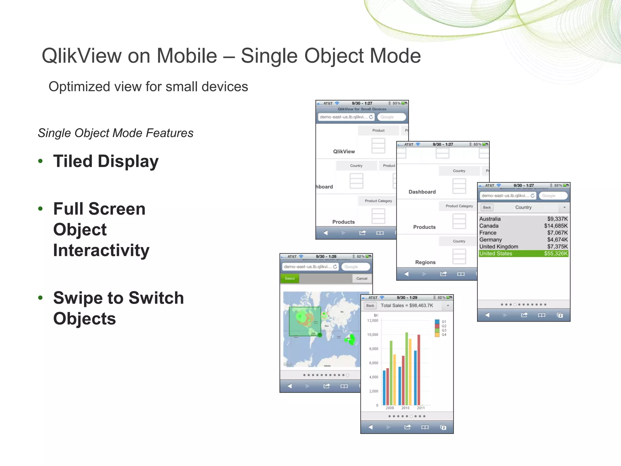 QlikView on Mobile – Single Object Mode
 Optimized view for small devices


Single Object Mode Features

• Tiled Display

• Full Screen
  Object
  Interactivity

• Swipe to Switch
  Objects
 