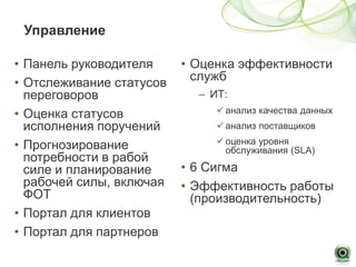Управление

• Панель руководителя     • Оценка эффективности
• Отслеживание статусов     служб
  переговоров               – ИТ:
• Оценка статусов               анализ качества данных
  исполнения поручений          анализ поставщиков
                                оценка уровня
• Прогнозирование                обслуживания (SLA)
  потребности в рабой
  силе и планирование     • 6 Сигма
  рабочей силы, включая   • Эффективность работы
  ФОТ                       (производительность)
• Портал для клиентов
• Портал для партнеров
 