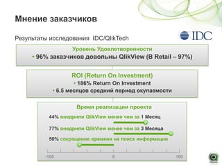 Мнение заказчиков

Результаты исследования IDC/QlikTech
                  Уровень Удовлетворенности
     • 96% заказчиков довольны QlikView (В Retail – 97%)


                  ROI (Return On Investment)
                    • 186% Return On Investment
            • 6.5 месяцев средний период окупаемости

                    Время реализации проекта
          44% внедрили QlikView менее чем за 1 Месяц

          77% внедрили QlikView менее чем за 3 Месяца

          50% сокращение времени на поиск информации


         -100                    0                      100
 