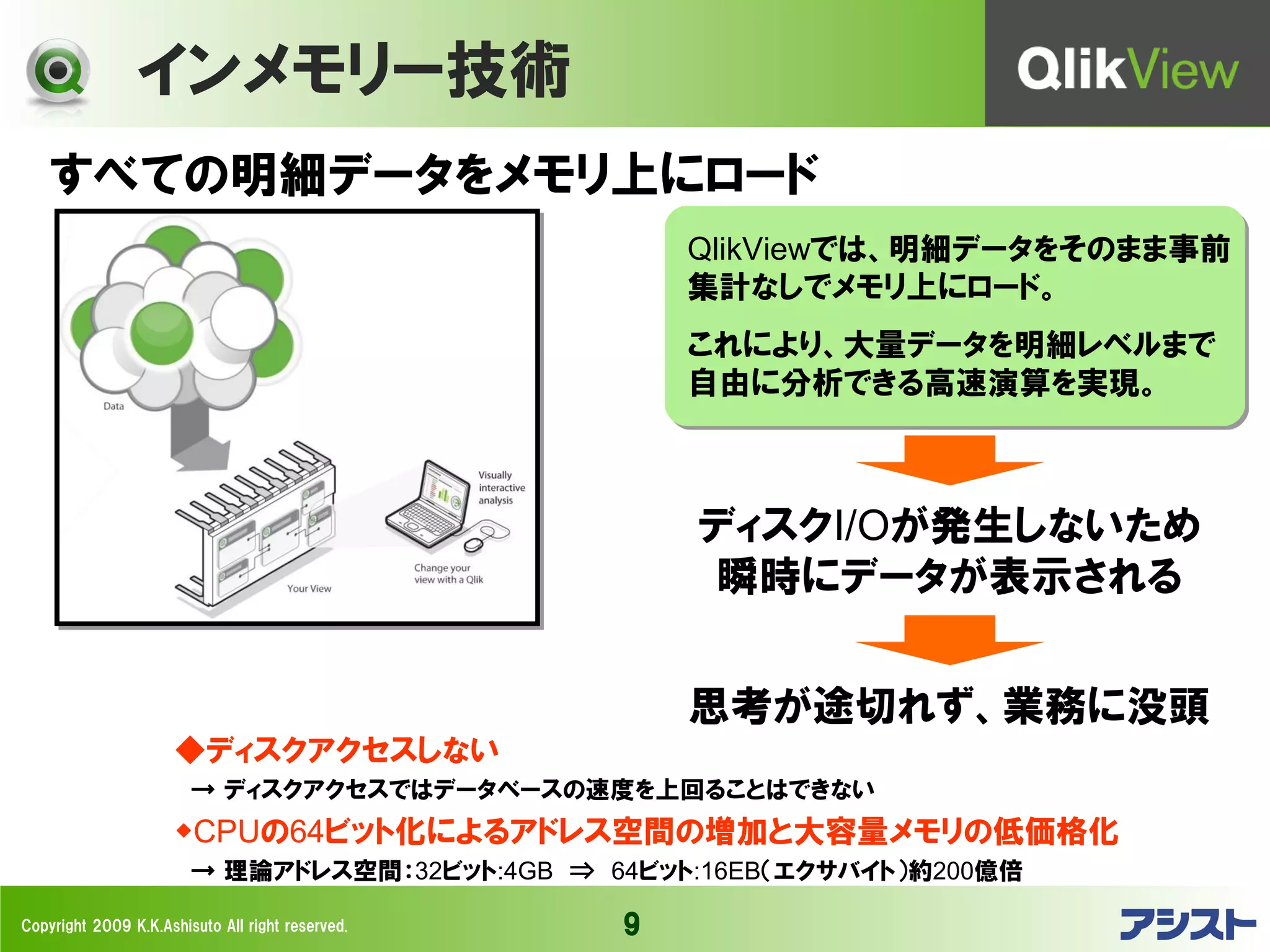 インメモリー技術
    すべての明細データをメモリ上にロード
                                                      QlikViewでは、明細データをそのまま事前
                                                      集計なしでメモリ上にロード。
                                                      これにより、大量データを明細レベルまで
                                                      自由に分析できる高速演算を実現。



                                                      ディスクI/Oが発生しないため
                                                      瞬時にデータが表示される


                                                      思考が途切れず、業務に没頭
                      ◆ディスクアクセスしない　
                      　→ ディスクアクセスではデータベースの速度を上回ることはできない
                      ◆CPUの64ビット化によるアドレス空間の増加と大容量メモリの低価格化
                      　→ 理論アドレス空間：32ビット:4GB　⇒　64ビット:16EB（エクサバイト）約200億倍

Copyright 2009 K.K.Ashisuto All right reserved.   9
 