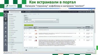 Как встраивали в портал
Написали “страничку” инфоблока и настроили “контент”
 