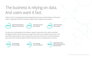 The business is relying on data.
And users want it fast.
Today’s C-suite is increasingly focused on leveraging data for business-critical initiatives. And for good
reason. In organizations that have invested strongly in data management and analytics1
:
For these ever-increasing data-driven initiatives, speed is a top priority. In fact, when naming their
top digital ambitions, 29% of executives cite speed.2
But in data as in life, speed introduces risk. In the
case of data, speed introduces risks in both quality and security. That’s why it’s not surprising that as
they ramp up more ambitious digital initiatives, executives are also investing heavily in security3
:
report that operational
efficiency has improved
report that revenue
has increased
report that profit
has increased
76% 75% 74%
are increasing
security budget
are increasing
security headcount
report that security
will be baked into every
decision or plan
55% 51% 50%
Data Governance in the Modern Data Analytics Pipeline | 2
 