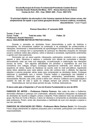 Escola Municipal de Ensino Fundamental Presidente Castelo Branco
Avenida Doutor Roberto Del Mese, 1675 – Nossa Senhora de Fátima
Caxias do Sul – RS – Cep: 95043 -000 – Fone: 39011472
“O principal objetivo da educação é criar homens capazes de fazer coisas novas, não
simplesmente de repetir o que outras gerações fizeram, homens criativos, inventivos,
descobridores.” (Jean Piaget)
Parecer Descritivo- 2º semestre 2009
Turma: 1º ano - 2
Turno: Tarde Total de aulas: 102 Faltas: 32
Professora: Aracéli Kleemann
Aluno: GUILHERME MATHEUS FREITAS CAVALLI
Durante o semestre as atividades foram desenvolvidas a partir de histórias e
brincadeiras. As brincadeiras auxiliam na construção e na ampliação de conhecimentos e
interações, favorecendo o desenvolvimento da aprendizagem formal. Através da oralidade e do
movimento, as crianças tem a oportunidade de participar de diferentes situações de interação
social e conhecer sobre elas próprias, sobre a natureza e sociedade, expressando sentimentos
e agindo com mais autonomia.
Demonstra ser um aluno querido, interessado, participativo, envolvido com o aprender,
esperto e ativo. Observou e explorou o ambiente com atitude de curiosidade e atenção,
demonstrando cada vez mais sua integração, co-participação e colaboração nas interações
sociais da turma. Tem algumas dificuldades em perceber a importância de uma boa
convivência com colegas, amigos. Consegue expressar-se oralmente, com clareza e boa
seqüência de idéias. Quanto às hipóteses de escrita, está no nível pré-silábico, registrando
várias letras aleatórias para cada palavra, ainda não conhece todo o alfabeto, faz algumas
relações e precisa perguntar várias vezes para compreender as atividades dadas. Consegue
relacionar a quantidade com o número. Precisa melhor a organização nos trabalhos e
cadernos. Brinca, expressando suas emoções, sentimentos, pensamentos, desejos e
necessidades. Recorta, cola, pinta, picota e dobra com eficácia. Colabora com a organização e
cuidado da sala de aula e ajuda os colegas sempre que preciso. Participa da aula.
Desenvolveu-se bem já nesse período de aula. Continue dedicando-se.
O aluno está apto a freqüentar o 2ª ano do Ensino Fundamental no ano de 2010.
PARECER DE ARTES – Professora Patrícia Parenza: Nas aulas de artes o Guilherme,
demonstra interesse e participa com criatividade, utilizando materiais adequados na realização
de atividades de recorte e colagem, pintura e desenho. Pode colaborar mais nas atividades em
grupo. Na Hora do Conto e Música, o aluno se interessa e compreende as atividades propostas
pela professora. Porém, ainda não desenvolveu a habilidade de ouvir com atenção e esperar a
sua vez para falar.
PARECER DE EDUCAÇÃO DE FÍSICA - Professora Maria Clarissa Zanini: Em Educação
Física atingiu plenamente os objetivos propostos para o semestre, participando com interesse e
responsabilidade.
ASSINATURA DOS PAIS OU RESPONSÁVEIS:______________________________
 