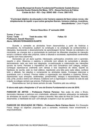 Escola Municipal de Ensino Fundamental Presidente Castelo Branco
Avenida Doutor Roberto Del Mese, 1675 – Nossa Senhora de Fátima
Caxias do Sul – RS – Cep: 95043 -000 – Fone: 39011472
“O principal objetivo da educação é criar homens capazes de fazer coisas novas, não
simplesmente de repetir o que outras gerações fizeram, homens criativos, inventivos,
descobridores.” (Jean Piaget)
Parecer Descritivo- 2º semestre 2009
Turma: 1º ano - 2
Turno: Tarde Total de aulas: 102 Faltas: 03
Professora: Aracéli Kleemann
Aluno: BRUNO FERNANDES DUARTE
Durante o semestre as atividades foram desenvolvidas a partir de histórias e
brincadeiras. As brincadeiras auxiliam na construção e na ampliação de conhecimentos e
interações, favorecendo o desenvolvimento da aprendizagem formal. Através da oralidade e do
movimento, as crianças tem a oportunidade de participar de diferentes situações de interação
social e conhecer sobre elas próprias, sobre a natureza e sociedade, expressando sentimentos
e agindo com mais autonomia.
Demonstra ser um aluno querido, interessado, participativo, envolvido com o aprender,
esperto e ativo. Observou e explorou o ambiente com atitude de curiosidade e atenção,
demonstrando cada vez mais sua integração, co-participação e colaboração nas interações
sociais da turma. Percebe a importância de uma boa convivência com colegas, amigos.
Consegue expressar-se oralmente com clareza e boa seqüência de idéias. Quanto às
hipóteses de escrita, está no nível silábico, registrando uma letra para cada sílaba, conhece
todo o alfabeto, faz relações e compreende as atividades dadas. Consegue relacionar a
quantidade com o número. Precisa melhor a organização nos trabalhos e cadernos. Brinca,
expressando suas emoções, sentimentos, pensamentos, desejos e necessidades. Recorta,
cola, pinta, picota e dobra com eficácia. Colabora com a organização e cuidado da sala de aula
e ajuda os colegas sempre que preciso. Participa da aula.
Desenvolveu-se bem já nesse período de aula. Parabéns pelo seu esforço.
O aluno está apto a freqüentar o 2ª ano do Ensino Fundamental no ano de 2010.
PARECER DE ARTES – Professora Patrícia Parenza: Nas aulas de artes o Bruno,
demonstra interesse e participa com criatividade, utilizando materiais adequados na realização
de atividades de recorte e colagem, pintura e desenho. Nas aulas de Hora do Conto, ainda não
desenvolveu a habilidade de ouvir com atenção e esperar a sua vez para falar.
PARECER DE EDUCAÇÃO DE FÍSICA - Professora Maria Clarissa Zanini: Em Educação
Física, atingiu os objetivos propostos para o semestre, mostrando maior envolvimento e
responsabilidade.
ASSINATURA DOS PAIS OU RESPONSÁVEIS:______________________________
 