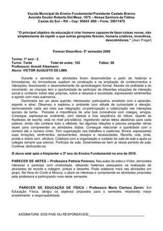 Escola Municipal de Ensino Fundamental Presidente Castelo Branco
Avenida Doutor Roberto Del Mese, 1675 – Nossa Senhora de Fátima
Caxias do Sul – RS – Cep: 95043 -000 – Fone: 39011472
“O principal objetivo da educação é criar homens capazes de fazer coisas novas, não
simplesmente de repetir o que outras gerações fizeram, homens criativos, inventivos,
descobridores.” (Jean Piaget)
Parecer Descritivo- 2º semestre 2009
Turma: 1º ano - 2
Turno: Tarde Total de aulas: 102 Faltas: 08
Professora: Aracéli Kleemann
Aluno: VICTOR AUGUSTO DE LIMA
Durante o semestre as atividades foram desenvolvidas a partir de histórias e
brincadeiras. As brincadeiras auxiliam na construção e na ampliação de conhecimentos e
interações, favorecendo o desenvolvimento da aprendizagem formal. Através da oralidade e do
movimento, as crianças tem a oportunidade de participar de diferentes situações de interação
social e conhecer sobre elas próprias, sobre a natureza e sociedade, expressando sentimentos
e agindo com mais autonomia.
Demonstra ser um aluno querido, interessado, participativo, envolvido com o aprender,
esperto e ativo. Observou e explorou o ambiente com atitude de curiosidade e atenção,
demonstrando cada vez mais sua integração, co-participação e colaboração nas interações
sociais da turma. Percebe a importância de uma boa convivência com colegas, amigos.
Consegue expressar-se oralmente, com clareza e boa seqüência de idéias. Quanto às
hipóteses de escrita, está no nível pré-silábico, registrando várias letras aleatórias para cada
palavra, ainda não conhece todo o alfabeto, faz algumas relações e precisa perguntar várias
vezes para compreender as atividades dadas. Consegue relacionar a quantidade com o
número até o número cinco. Tem organização nos trabalhos e cadernos. Brinca, expressando
suas emoções, sentimentos, pensamentos, desejos e necessidades. Recorta, cola, pinta,
picota e dobra com eficácia. Colabora com a organização e cuidado da sala de aula e ajuda os
colegas sempre que preciso. Participa da aula. Desenvolveu-se bem já nesse período de aula.
Continue dedicando-se.
O aluno está apto a freqüentar o 2ª ano do Ensino Fundamental no ano de 2010.
PARECER DE ARTES – Professora Patrícia Parenza: Nas aulas de artes o Victor, demonstra
interesse e participa com criatividade, utilizando materiais adequados na realização de
atividades de recorte e colagem, pintura e desenho. Pode colaborar mais nas atividades em
grupo. Na Hora do Conto e Música, o aluno se interessa e compreende as atividades propostas
pela professora e participando mais neste semestre.
PARECER DE EDUCAÇÃO DE FÍSICA - Professora Maria Clarissa Zanini: Em
Educação Física, atingiu os objetivos propostos para o semestre, mostrando maior
envolvimento e responsabilidade.
ASSINATURA DOS PAIS OU RESPONSÁVEIS:______________________________
 