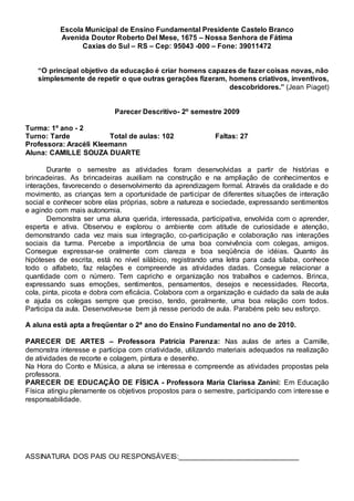 Escola Municipal de Ensino Fundamental Presidente Castelo Branco
Avenida Doutor Roberto Del Mese, 1675 – Nossa Senhora de Fátima
Caxias do Sul – RS – Cep: 95043 -000 – Fone: 39011472
“O principal objetivo da educação é criar homens capazes de fazer coisas novas, não
simplesmente de repetir o que outras gerações fizeram, homens criativos, inventivos,
descobridores.” (Jean Piaget)
Parecer Descritivo- 2º semestre 2009
Turma: 1º ano - 2
Turno: Tarde Total de aulas: 102 Faltas: 27
Professora: Aracéli Kleemann
Aluna: CAMILLE SOUZA DUARTE
Durante o semestre as atividades foram desenvolvidas a partir de histórias e
brincadeiras. As brincadeiras auxiliam na construção e na ampliação de conhecimentos e
interações, favorecendo o desenvolvimento da aprendizagem formal. Através da oralidade e do
movimento, as crianças tem a oportunidade de participar de diferentes situações de interação
social e conhecer sobre elas próprias, sobre a natureza e sociedade, expressando sentimentos
e agindo com mais autonomia.
Demonstra ser uma aluna querida, interessada, participativa, envolvida com o aprender,
esperta e ativa. Observou e explorou o ambiente com atitude de curiosidade e atenção,
demonstrando cada vez mais sua integração, co-participação e colaboração nas interações
sociais da turma. Percebe a importância de uma boa convivência com colegas, amigos.
Consegue expressar-se oralmente com clareza e boa seqüência de idéias. Quanto às
hipóteses de escrita, está no nível silábico, registrando uma letra para cada sílaba, conhece
todo o alfabeto, faz relações e compreende as atividades dadas. Consegue relacionar a
quantidade com o número. Tem capricho e organização nos trabalhos e cadernos. Brinca,
expressando suas emoções, sentimentos, pensamentos, desejos e necessidades. Recorta,
cola, pinta, picota e dobra com eficácia. Colabora com a organização e cuidado da sala de aula
e ajuda os colegas sempre que preciso, tendo, geralmente, uma boa relação com todos.
Participa da aula. Desenvolveu-se bem já nesse período de aula. Parabéns pelo seu esforço.
A aluna está apta a freqüentar o 2ª ano do Ensino Fundamental no ano de 2010.
PARECER DE ARTES – Professora Patrícia Parenza: Nas aulas de artes a Camille,
demonstra interesse e participa com criatividade, utilizando materiais adequados na realização
de atividades de recorte e colagem, pintura e desenho.
Na Hora do Conto e Música, a aluna se interessa e compreende as atividades propostas pela
professora.
PARECER DE EDUCAÇÃO DE FÍSICA - Professora Maria Clarissa Zanini: Em Educação
Física atingiu plenamente os objetivos propostos para o semestre, participando com interesse e
responsabilidade.
ASSINATURA DOS PAIS OU RESPONSÁVEIS:______________________________
 