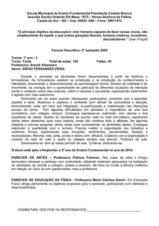 Escola Municipal de Ensino Fundamental Presidente Castelo Branco
Avenida Doutor Roberto Del Mese, 1675 – Nossa Senhora de Fátima
Caxias do Sul – RS – Cep: 95043 -000 – Fone: 39011472
“O principal objetivo da educação é criar homens capazes de fazer coisas novas, não
simplesmente de repetir o que outras gerações fizeram, homens criativos, inventivos,
descobridores.” (Jean Piaget)
Parecer Descritivo- 2º semestre 2009
Turma: 1º ano - 2
Turno: Tarde Total de aulas: 102 Faltas: 05
Professora: Aracéli Kleemann
Aluno: DIEGO FERNANDES VEIGA
Durante o semestre as atividades foram desenvolvidas a partir de histórias e
brincadeiras. As brincadeiras auxiliam na construção e na ampliação de conhecimentos e
interações, favorecendo o desenvolvimento da aprendizagem formal. Através da oralidade e do
movimento, as crianças tem a oportunidade de participar de diferentes situações de interação
social e conhecer sobre elas próprias, sobre a natureza e sociedade, expressando sentimentos
e agindo com mais autonomia.
Demonstra ser um aluno querido, interessado, participativo, envolvido com o aprender,
esperto e ativo. Observou e explorou o ambiente com atitude de curiosidade e atenção,
demonstrando cada vez mais sua integração, co-participação e colaboração nas interações
sociais da turma. Tem algumas dificuldades em perceber a importância de uma boa
convivência com colegas, amigos. Consegue expressar-se oralmente, com clareza e boa
seqüência de idéias. Quanto às hipóteses de escrita, está no nível pré-silábico, registrando
várias letras aleatórias para cada palavra, ainda não conhece todo o alfabeto, faz algumas
relações e precisa perguntar várias vezes para compreender as atividades dadas. Consegue
relacionar a quantidade com o número. Precisa melhor a organização nos trabalhos e
cadernos. Brinca, expressando suas emoções, sentimentos, pensamentos, desejos e
necessidades. Recorta, cola, pinta, picota e dobra com eficácia. Colabora com a organização e
cuidado da sala de aula e ajuda os colegas sempre que preciso. Participa da aula.
Desenvolveu-se bem já nesse período de aula. Continue dedicando-se.
O aluno está apto a freqüentar o 2ª ano do Ensino Fundamental no ano de 2010.
PARECER DE ARTES – Professora Patrícia Parenza: Nas aulas de artes o Diego,
demonstra interesse e participa com criatividade, utilizando materiais adequados na realização
de atividades de recorte e colagem, pintura e desenho. Na Hora do Conto e Música melhorou
em relação ao início do ano questionando mais a professora.
PARECER DE EDUCAÇÃO DE FÍSICA - Professora Maria Clarissa Zanini: Em Educação
Física atingiu plenamente os objetivos propostos para o semestre, participando com interesse e
responsabilidade.
ASSINATURA DOS PAIS OU RESPONSÁVEIS:______________________________
 