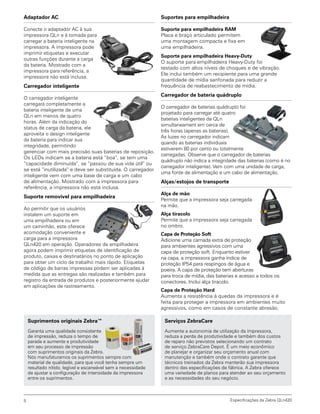 Especificações da Zebra QLn4205
Suportes para empilhadeira
Suporte para empilhadeira RAM
Placa e braço articulado permitem
uma montagem compacta e fixa em
uma empilhadeira.
Suporte para empilhadeira Heavy-Duty
O suporte para empilhadeira Heavy-Duty foi
testado com altos níveis de choques e de vibração.
Ele inclui também um recipiente para uma grande
quantidade de mídia sanfonada para reduzir a
frequência de reabastecimento de mídia.
Carregador de bateria quádruplo
O carregador de baterias quádruplo foi
projetado para carregar até quatro
baterias inteligentes da QLn
simultaneament em cerca de
três horas (apenas as baterias).
As luzes no carregador indicam
quando as baterias individuais
estiverem 80 por cento ou totalmente
carregadas. Observe que o carregador de baterias
quádruplo não indica a integridade das baterias (como é no
carregador inteligente). Vem com uma unidade de carga,
uma fonte de alimentação e um cabo de alimentação.
Alças/estojos de transporte
Alça de mão
Permite que a impressora seja carregada
na mão.
Alça tiracolo
Permite que a impressora seja carregada
no ombro.
Capa de Proteção Soft
Adicione uma camada extra de proteção
para ambientes agressivos com uma
capa de proteção soft. Enquanto estiver
na capa, a impressora ganha índice de
proteção IP54 para respingos de água e
poeira. A capa de proteção tem aberturas
para troca de mídia, das baterias e acesso a todos os
conectores. Inclui alça tiracolo.
Capa de Proteção Hard
Aumenta a resistência à quedas da impressora e é
feita para proteger a impressora em ambientes muito
agressivos, como em casos de constante abrasão.
Adaptador AC
Conecte o adaptador AC à sua
impressora QLn e à tomada para
carregar a bateria inteligente na
impressora. A impressora pode
imprimir etiquetas e executar
outras funções durante a carga
da bateria. Mostrado com a
impressora para referência, a
impressora não está inclusa.
Carregador inteligente
O carregador inteligente
carregará completamente a
bateria inteligente de uma
QLn em menos de quatro
horas. Além da indicação do
status de carga da bateria, ele
aproveita o design inteligente
da bateria para indicar sua
integridade, permitindo
gerenciar com mais precisão suas baterias de reposição.
Os LEDs indicam se a bateria está “boa”, se tem uma
“capacidade diminuída”, se “passou de sua vida útil” ou
se está “inutilizada” e deve ser substituída. O carregador
inteligente vem com uma base de carga e um cabo
de alimentação. Mostrado com a impressora para
referência, a impressora não está inclusa.
Suporte removível para empilhadeira
Ao permitir que os usuários
instalem um suporte em
uma empilhadeira ou em
um caminhão, este oferece
acomodação conveniente e
carga para a impressora
QLn420 em operação. Operadores de empilhadeira
agora podem imprimir etiquetas de identificação de
produto, caixas e destinatários no ponto de aplicação
para obter um ciclo de trabalho mais rápido. Etiquetas
de código de barras impressas podem ser aplicadas à
medida que as entregas são realizadas e também para
registro da entrada de produtos e posteriormente ajudar
em aplicações de rastreamento.
Suprimentos originais Zebra™
Garanta uma qualidade consistente
de impressão, reduza o tempo de
parada e aumente a produtividade
em seu processo de impressão
com suprimentos originais da Zebra.
Nós manufaturamos os suprimentos sempre com
material de qualidade, para que você tenha sempre um
resultado nítido, legível e escaneável sem a necessidade
de ajustar a configuração de intensidade da impressora
entre os suprimentos.
Serviços ZebraCare
Aumente a autonomia de utilização da impressora,
reduza a perda de produtividade e também dos custos
de reparo não previstos selecionando um contrato
de serviço ZebraCare Depot. É um meio econômico
de planejar e organizar seu orçamento anual com
manutenção e também onde o contrato garante que
técnicos treinados da Zebra manterão sua impressora
dentro das especificações de fábrica. A Zebra oferece
uma variedade de planos para atender ao seu orçamento
e as necessidades do seu negócio.
 