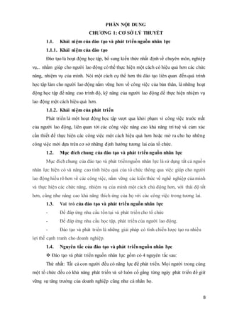 8
PHẦN NỘI DUNG
CHƯƠNG 1: CƠ SỞ LÝ THUYẾT
1.1. Khái niệm của đào tạo và phát triểnnguồn nhân lực
1.1.1. Khái niệm của đào tạo
Đào tạo là hoạt động học tập, bổ sung kiến thức nhất định về chuyên môn, nghiệp
vụ,.. nhằm giúp cho người lao động có thể thực hiện một cách có hiệu quả hơn các chức
năng, nhiệm vụ của mình. Nói một cách cụ thể hơn thì đào tạo liên quan đến quá trình
học tập làm cho người lao động nắm vững hơn về công việc của bản thân, là những hoạt
động học tập để nâng cao trình độ, kỹ năng của người lao động để thực hiện nhiệm vụ
lao động một cách hiệu quả hơn.
1.1.2. Khái niệm của phát triển
Phát triển là một hoạt động học tập vượt qua khỏi phạm vi công việc trước mắt
của người lao động, liên quan tới các công việc nâng cao khả năng trí tuệ và cảm xúc
cần thiết để thực hiện các công việc một cách hiệu quả hơn hoặc mở ra cho họ những
công việc mới dựa trên cơ sở những định hướng tương lai của tổ chức.
1.2. Mục đích chung của đào tạo và phát triểnnguồn nhân lực
Mục đích chung của đào tạo và phát triểnnguồn nhân lực là sử dụng tất cả nguồn
nhân lực hiện có và nâng cao tính hiệu quả của tổ chức thông qua việc giúp cho người
lao động hiểu rõ hơn về các công việc, nắm vững các kiến thức về nghề nghiệp của mình
và thực hiện các chức năng, nhiệm vụ của mình một cách chủ động hơn, với thái độ tốt
hơn, cũng như nâng cao khả năng thích ứng của họ với các công việc trong tương lai.
1.3. Vai trò của đào tạo và phát triển nguồn nhân lực
- Để đáp ứng nhu cầu tồn tại và phát triển cho tổ chức
- Để đáp ứng nhu cầu học tập, phát triển của người lao động.
- Đào tạo và phát triển là những giải pháp có tính chiến lược tạo ra nhiều
lợi thế cạnh tranh cho doanh nghiệp.
1.4. Nguyên tắc của đào tạo và phát triểnnguồn nhân lực
 Đào tạo và phát triển nguồn nhân lực gồm có 4 nguyên tắc sau:
Thứ nhất: Tất cả con người đều có năng lực để phát triển. Mọi người trong cùng
một tổ chức đều có khả năng phát triển và sẽ luôn cố gắng từng ngày phát triển để giữ
vững sự tăng trưởng của doanh nghiệp cũng như cá nhân họ.
 