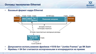 Основы технологии Ethernet 
• Базовый формат кадра Ethernet 
6 bytes 6 bytes 2 bytes 4 bytes 
F 
C 
S 
адрес 
доставки 
адрес 
отправит 
Тип / 
Длина 
46-1500 bytes 
Полезная нагрузка 
64 bytes minimum 
1518 bytes maximum 
8 bytes 
Заголовок 
S 
O 
F 
12 bytes 
Хвостовик 
20 bytes транспортные накладные расходы 
4 bytes 
Optional 802.1Q 
VLAN HDR 
0x8100 
12 bit VLAN ID 
• Допускается использование фреймов >1518 бит “Jumbo Frames” до 9K байт 
• Фреймы < 64 бит считаются испорченными и игнорируются на приеме 
8 July 14 
 