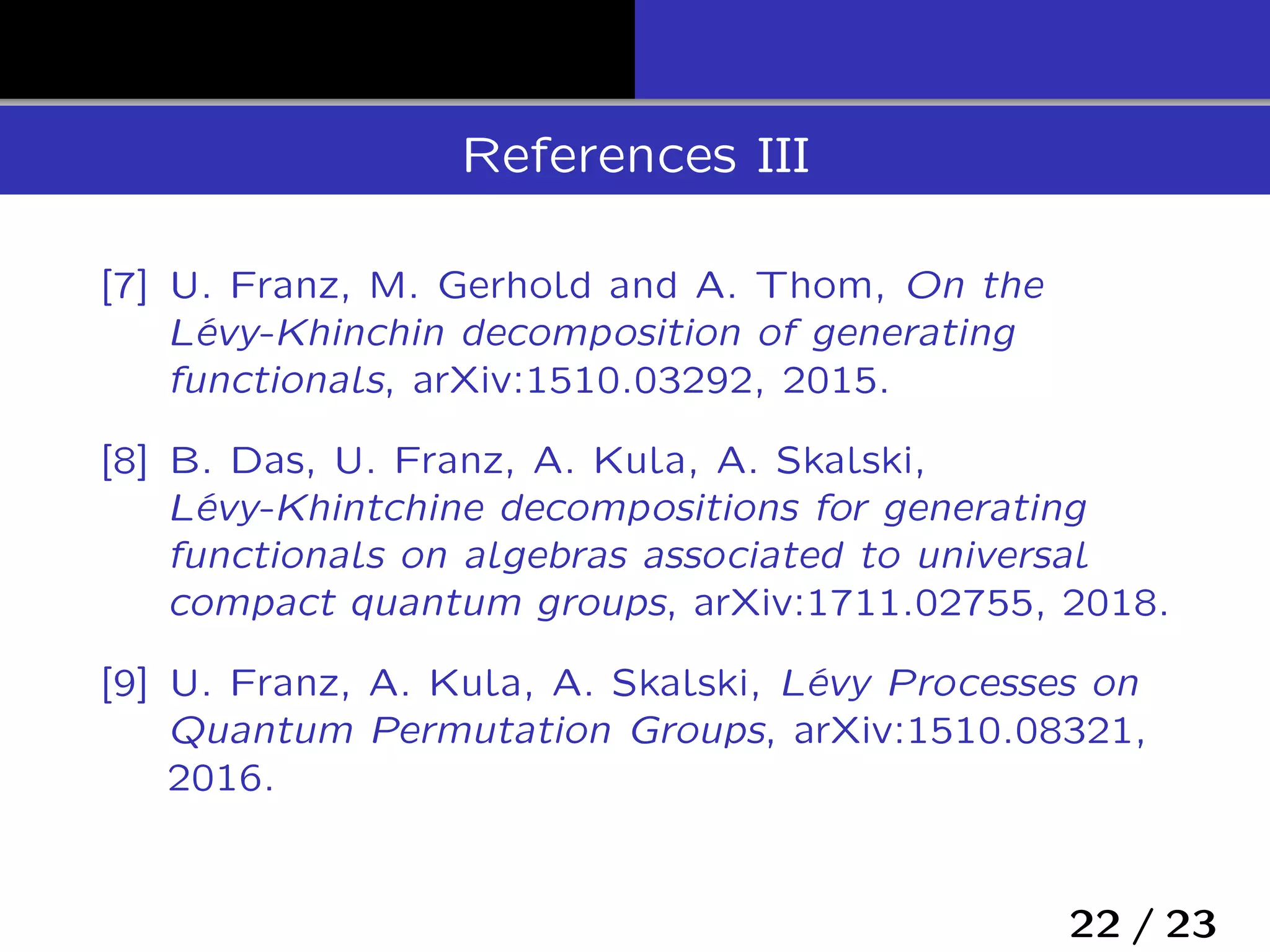 References III
[7] U. Franz, M. Gerhold and A. Thom, On the
Lévy-Khinchin decomposition of generating
functionals, arXiv:1510.03292, 2015.
[8] B. Das, U. Franz, A. Kula, A. Skalski,
Lévy-Khintchine decompositions for generating
functionals on algebras associated to universal
compact quantum groups, arXiv:1711.02755, 2018.
[9] U. Franz, A. Kula, A. Skalski, Lévy Processes on
Quantum Permutation Groups, arXiv:1510.08321,
2016.
22 / 23
 