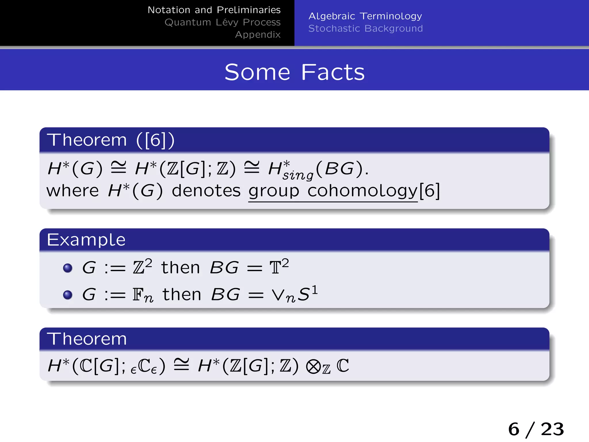 Notation and Preliminaries
Quantum Lévy Process
Appendix
Algebraic Terminology
Stochastic Background
Some Facts
Theorem ([6])
H˜(G) ‰= H˜(Z[G]; Z) ‰= H˜
sing(BG).
where H˜(G) denotes group cohomology[6]
Example
G := Z2 then BG = T2
G := Fn then BG = _nS1
Theorem
H˜(C[G]; ›C›) ‰= H˜(Z[G]; Z) ˙Z C
6 / 23
 