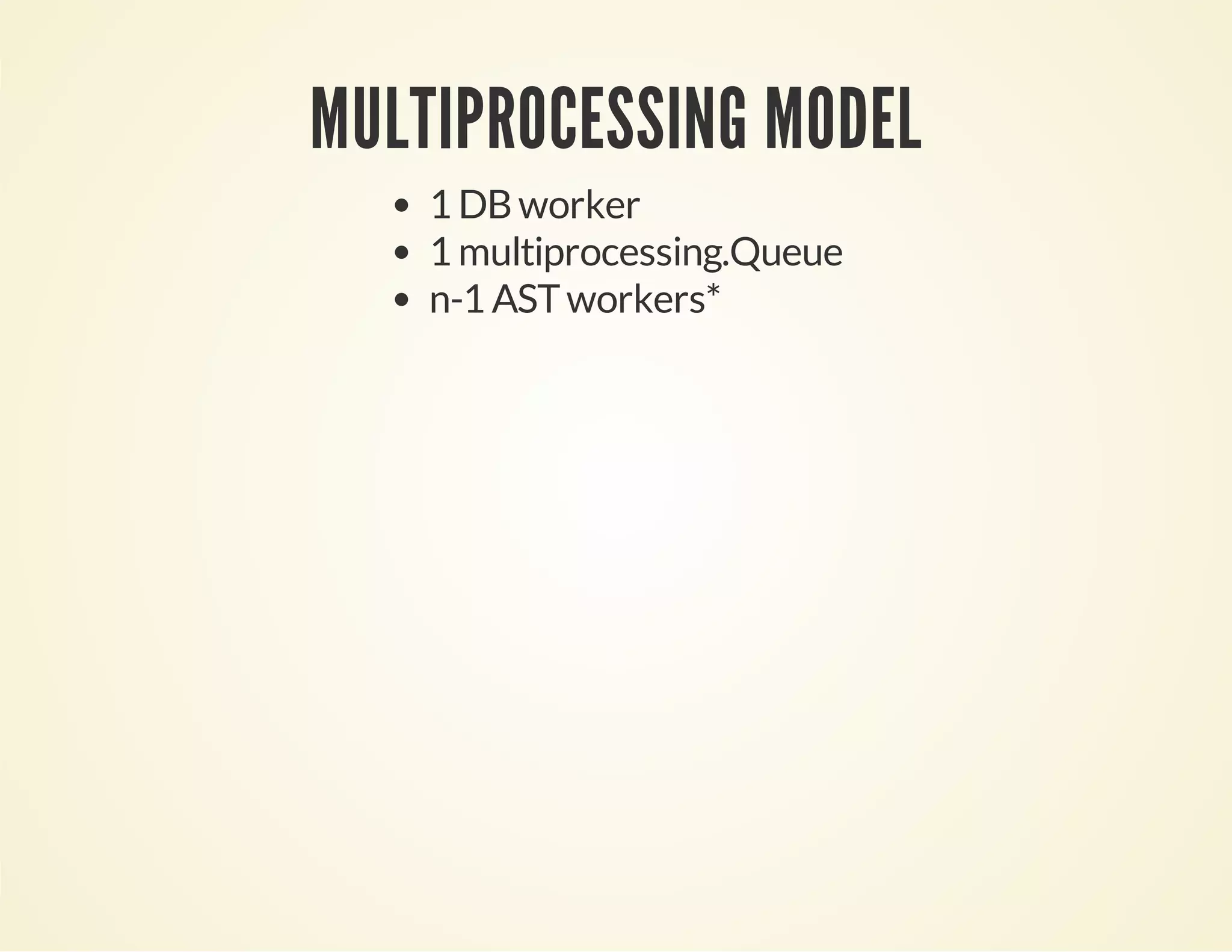 MULTIPROCESSING MODEL
1 DBworker
1 multiprocessing.Queue
n-1 ASTworkers*
 