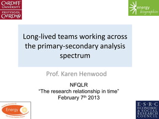 Long-lived teams working across
 the primary-secondary analysis
            spectrum

       Prof. Karen Henwood
                NFQLR
    “The research relationship in time”
            February 7th 2013
 