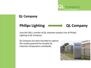 QL Company
June 6th 2011, transfer of QL induction product line of Philips
Lighting to QL Company.
QL Company has been founded to capture
the market potential for durable QL
induction lampsystems worldwide.
 