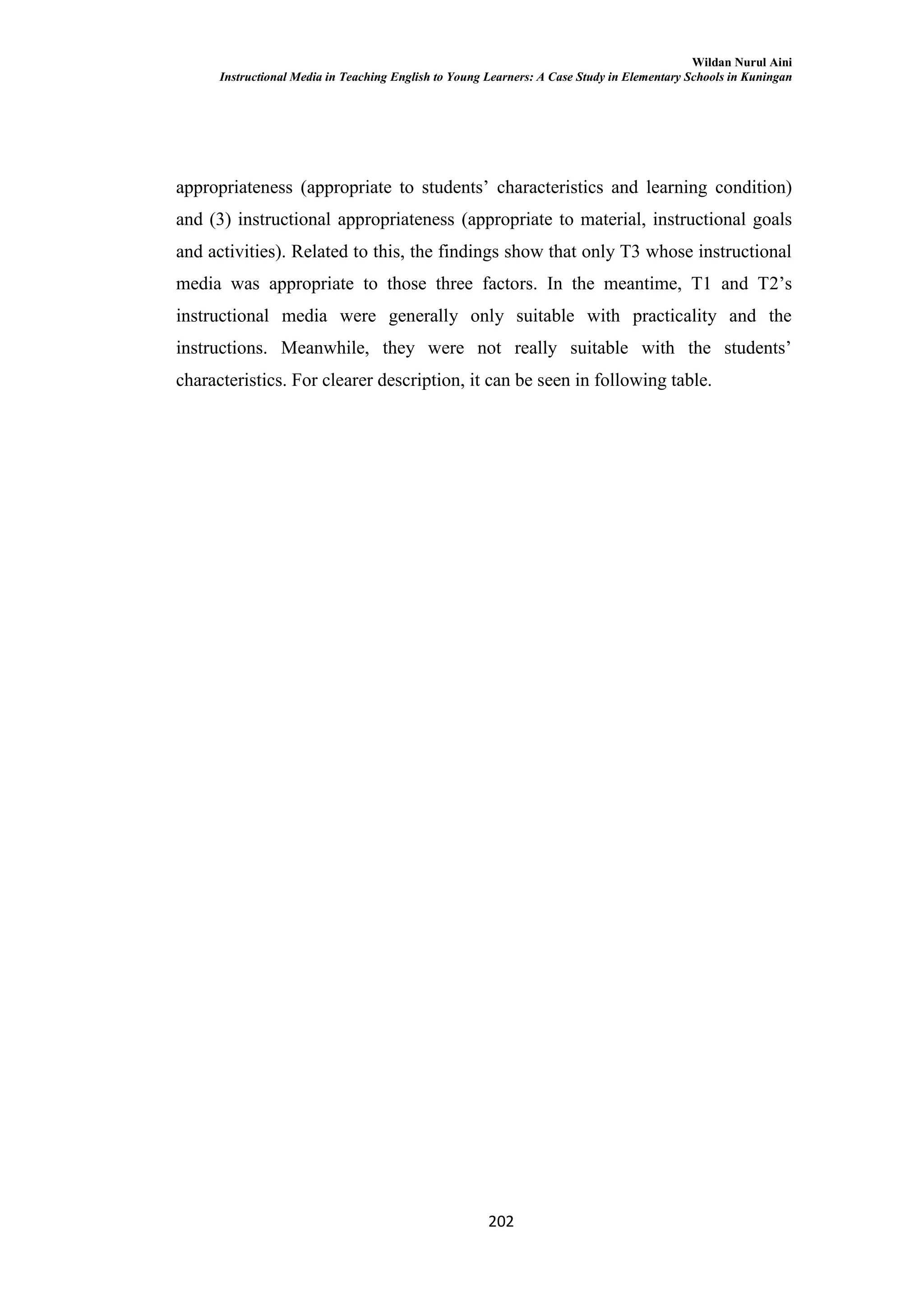 Wildan Nurul Aini
Instructional Media in Teaching English to Young Learners: A Case Study in Elementary Schools in Kuningan
202
appropriateness (appropriate to students‘ characteristics and learning condition)
and (3) instructional appropriateness (appropriate to material, instructional goals
and activities). Related to this, the findings show that only T3 whose instructional
media was appropriate to those three factors. In the meantime, T1 and T2‘s
instructional media were generally only suitable with practicality and the
instructions. Meanwhile, they were not really suitable with the students‘
characteristics. For clearer description, it can be seen in following table.
 