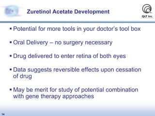Zuretinol Acetate Development
 Potential for more tools in your doctor’s tool box
 Oral Delivery – no surgery necessary
...