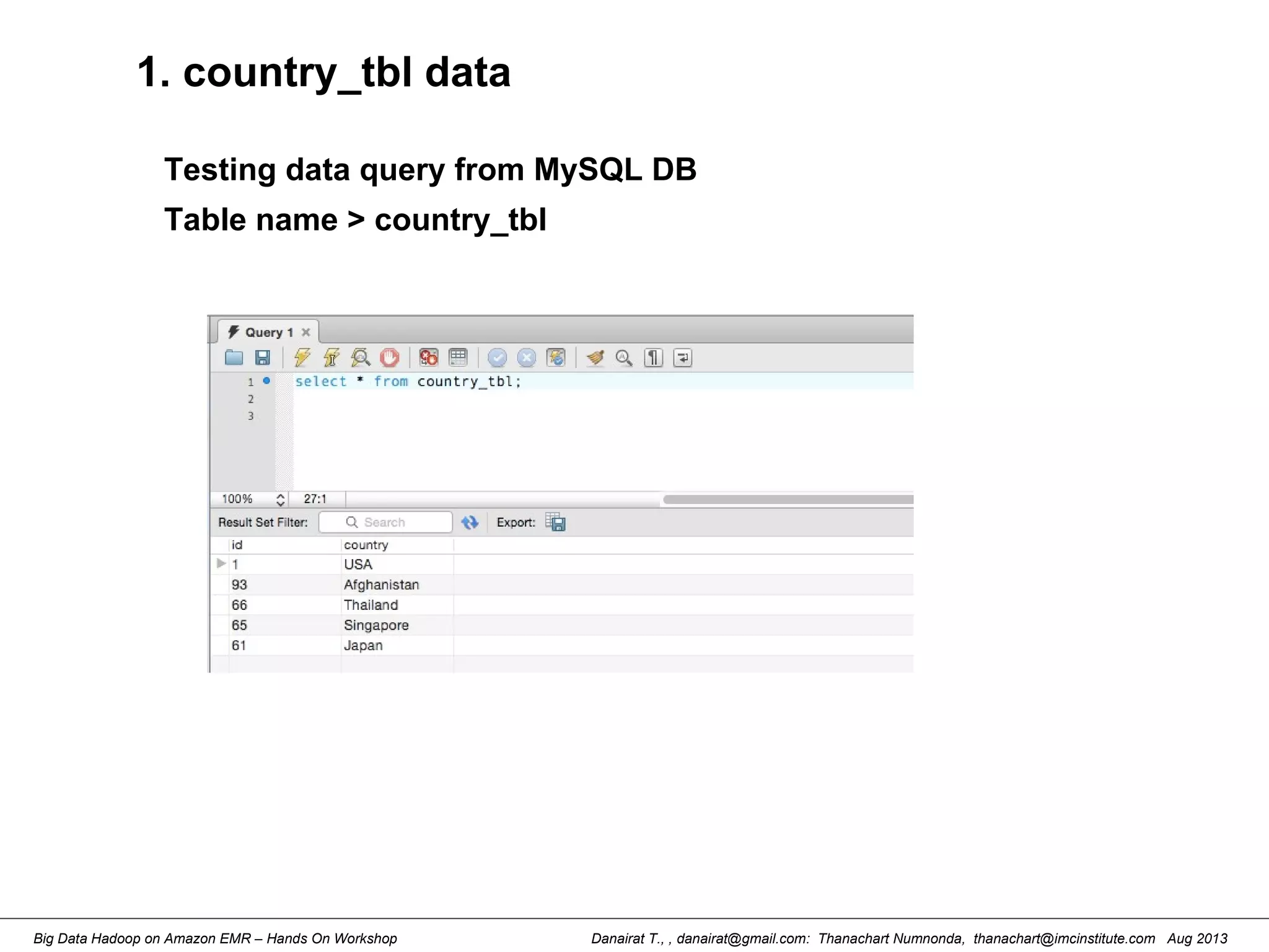 Danairat T., , danairat@gmail.com: Thanachart Numnonda, thanachart@imcinstitute.com Aug 2013Big Data Hadoop on Amazon EMR – Hands On Workshop
1. country_tbl data
Testing data query from MySQL DB
Table name > country_tbl
 