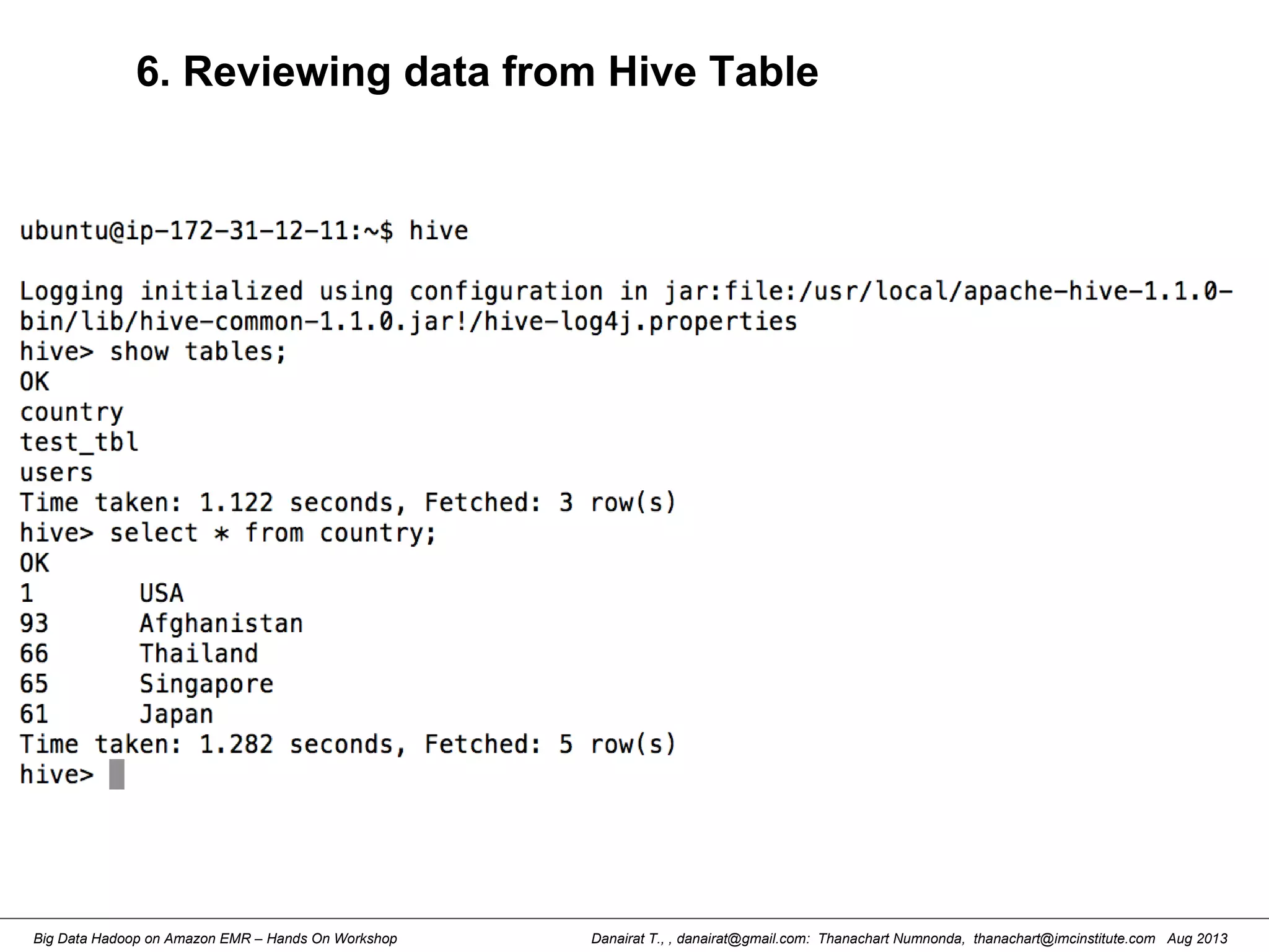 Danairat T., , danairat@gmail.com: Thanachart Numnonda, thanachart@imcinstitute.com Aug 2013Big Data Hadoop on Amazon EMR – Hands On Workshop
6. Reviewing data from Hive Table
 