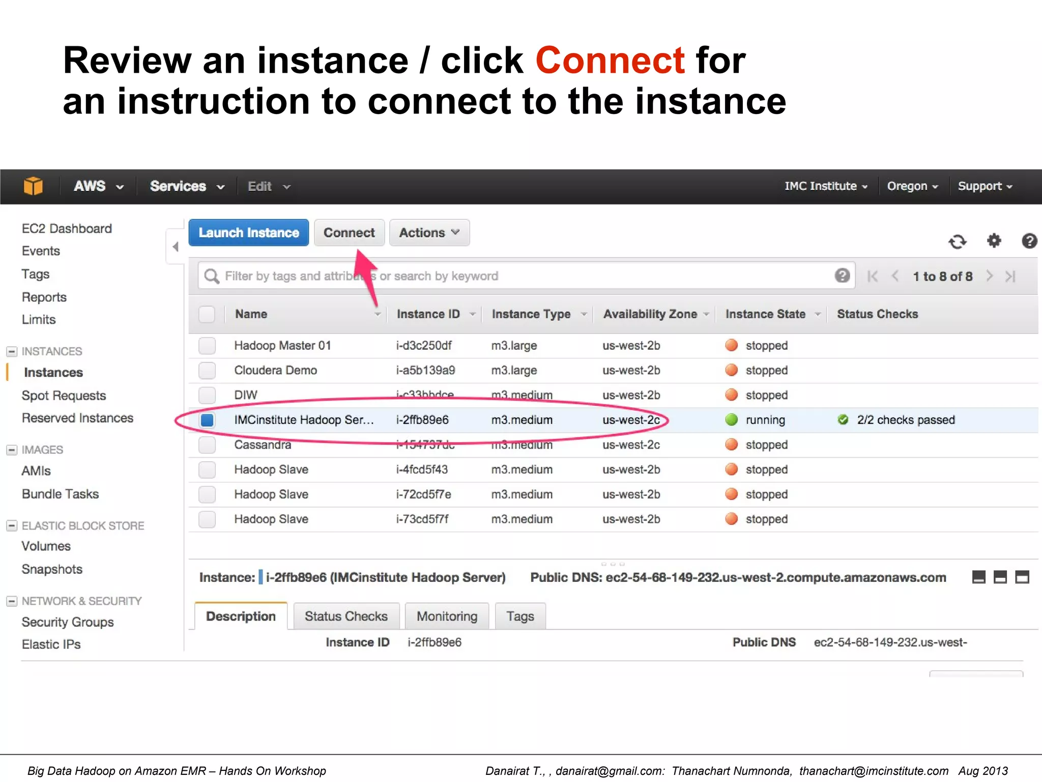 Danairat T., , danairat@gmail.com: Thanachart Numnonda, thanachart@imcinstitute.com Aug 2013Big Data Hadoop on Amazon EMR – Hands On Workshop
Review an instance / click Connect for
an instruction to connect to the instance
 
