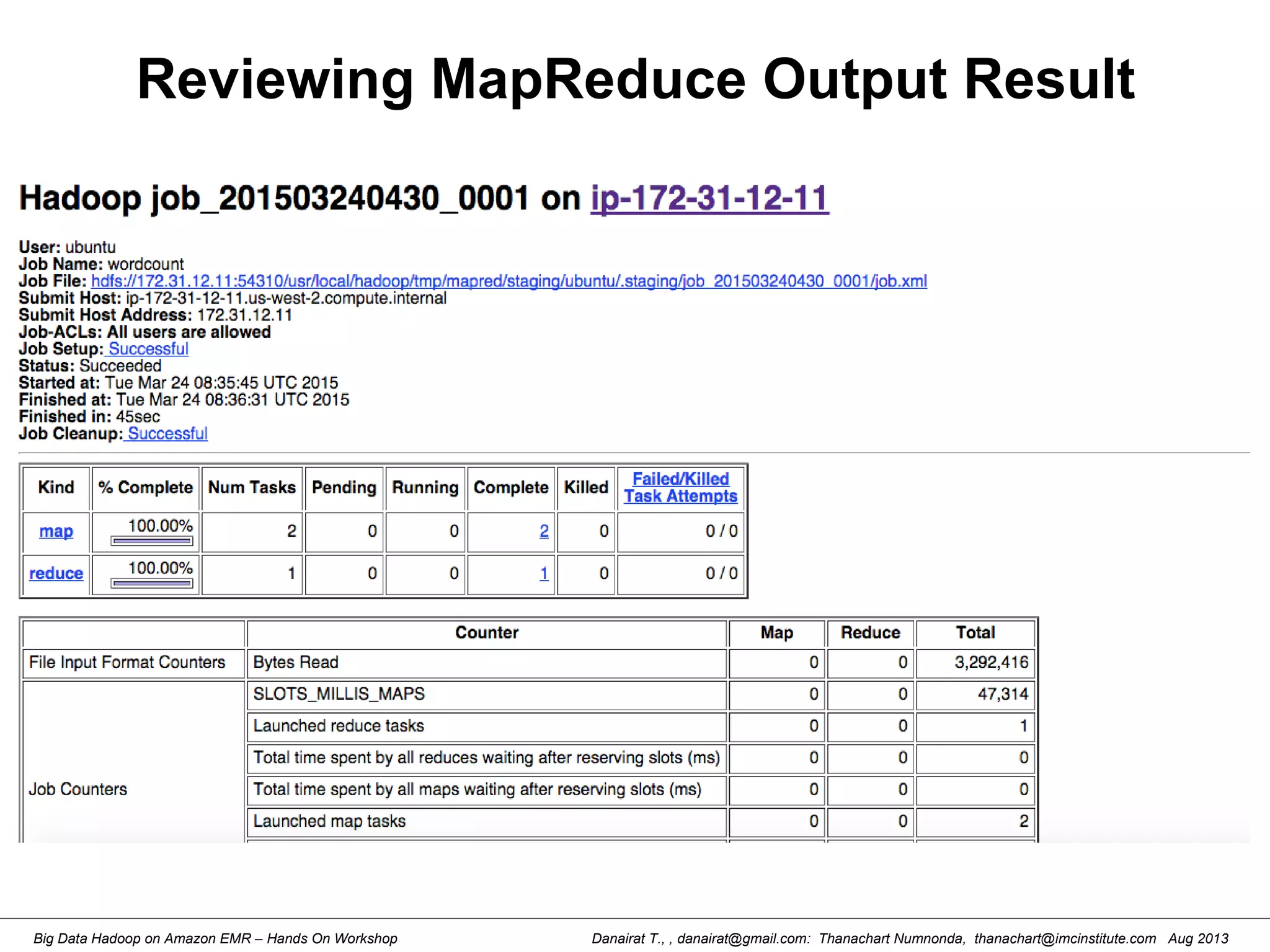 Danairat T., , danairat@gmail.com: Thanachart Numnonda, thanachart@imcinstitute.com Aug 2013Big Data Hadoop on Amazon EMR – Hands On Workshop
Reviewing MapReduce Output Result
 